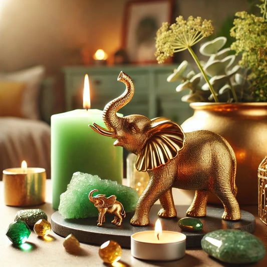 abundance manifestation with an elephant figurine and prosperity crystals