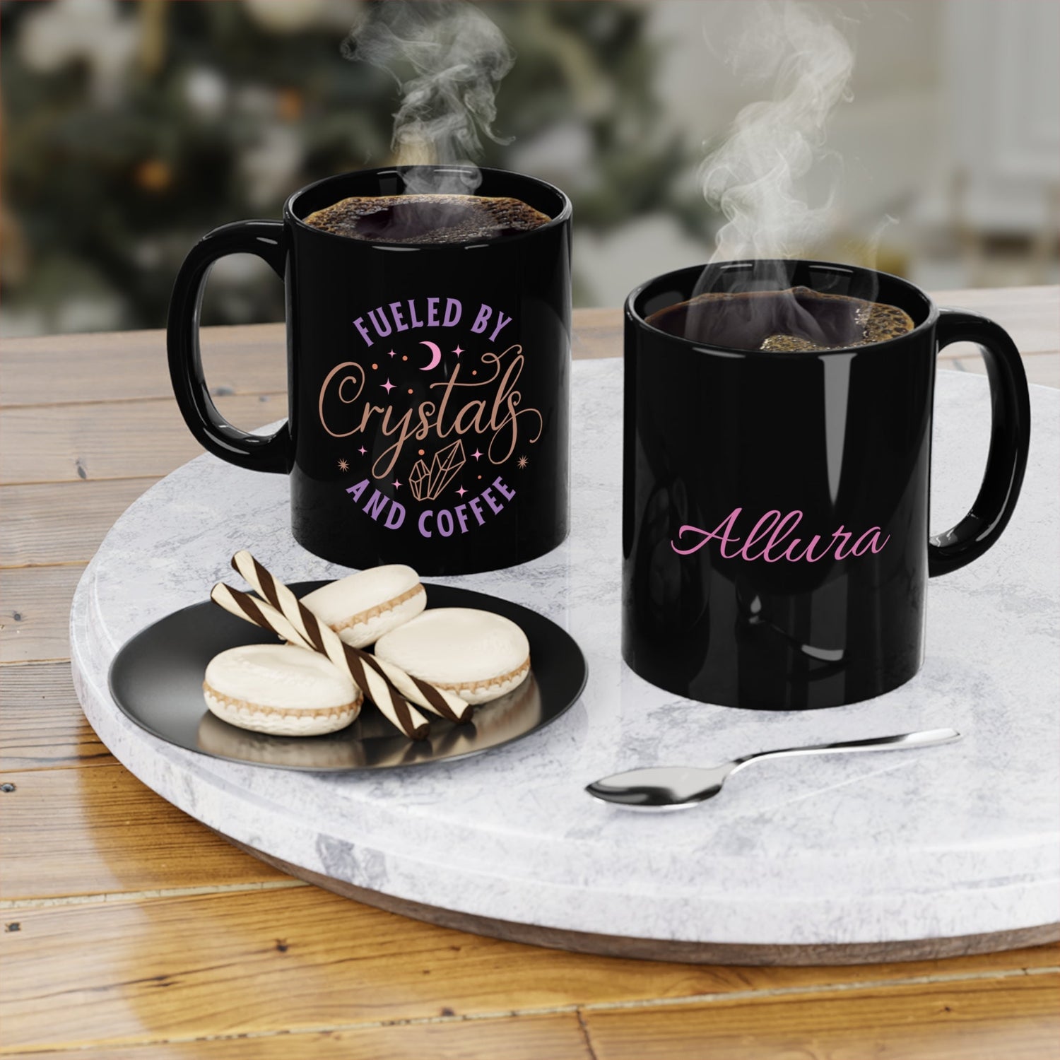 two black coffee mugs with hot cocoa that say fueled by crystals and coffee