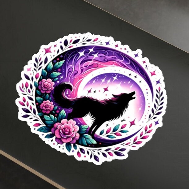 a waterproof die cut sticker made for indoor outdoor use with purple moon stars flowers and a howling wolf