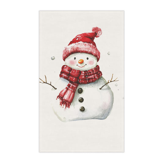 Festive Snowman White Tea Towel with Red Hat – Holiday Kitchen Décor