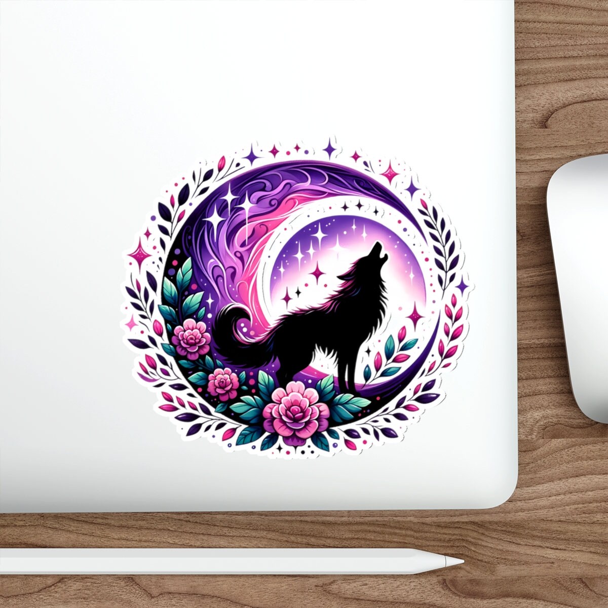 Floral Wolf and Moon Waterproof Die-Cut Sticker