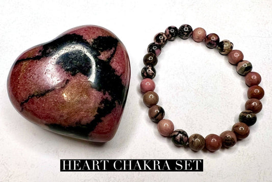 Rhodonite Heart Carving With Stand and Bracelet Set