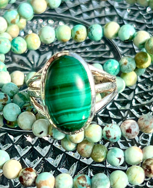 Polished Malachite Gemstone and Sterling Silver Ring